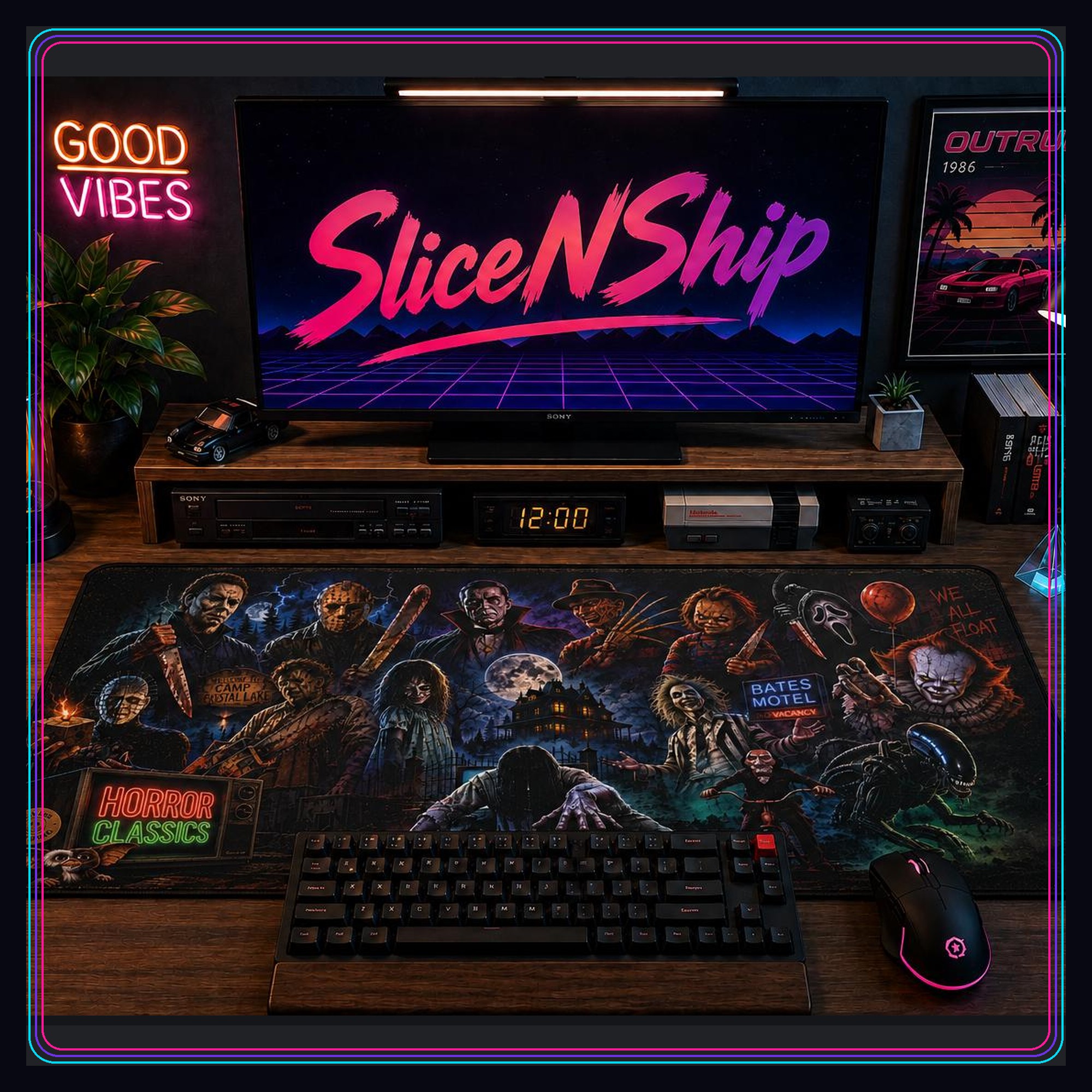 Classic horror movie characters desk mat in retro gaming setup