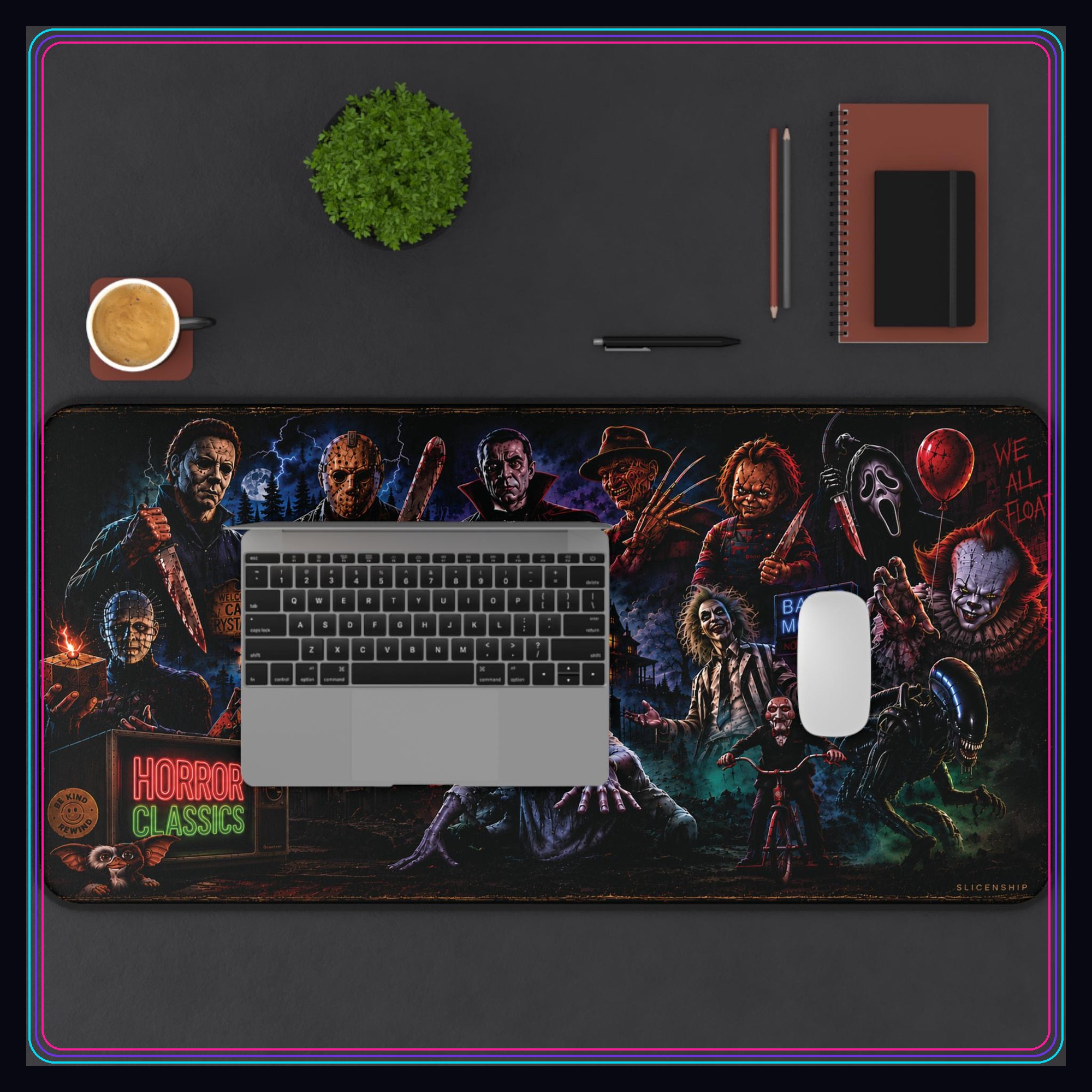 Classic horror movie characters desk mat with laptop and mouse